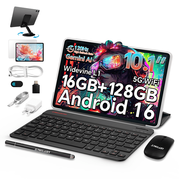 TECLAST P30T Android 16 Tablet 10.1 inch 120Hz Tablet with Keyboard+Mouse+Case, 10 Accessories Set, 16GB RAM+128GB ROM (1TB TF), T610 Octa-core CPU, 5G Wi-Fi/Widevine L1/GPS/6000mAh/BT5.0/GMS/OTG