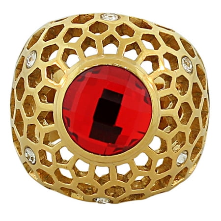 TECNO STEEL Stainless Steel Yellow Gold-Tone Red Ruby-Tone CZ Statement Ring