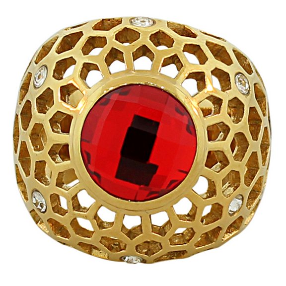 TECNO STEEL Stainless Steel Yellow Gold-Tone Red Ruby-Tone CZ Statement Ring