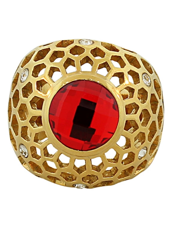 Stainless Steel Yellow Gold-Tone Red Ruby-Tone CZ Statement Ring