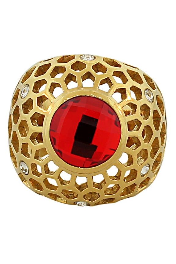 Stainless Steel Yellow Gold-Tone Red Ruby-Tone CZ Statement Ring