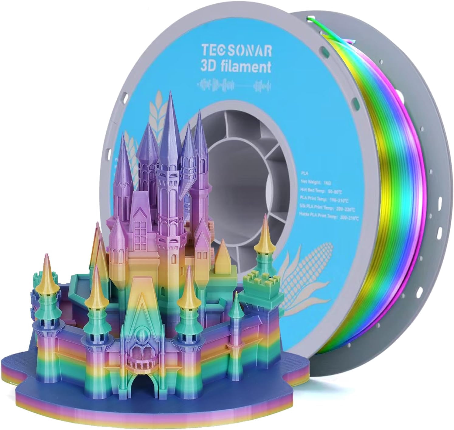 TECSONAR Silk Rainbow PLA 3D Printer Filament, 1KG Spool(2.2lbs) 1.75mm Fast Color Change Printing Material, Multicolor Gradient Filament for Most FDM Printers,Green Yellow Purple