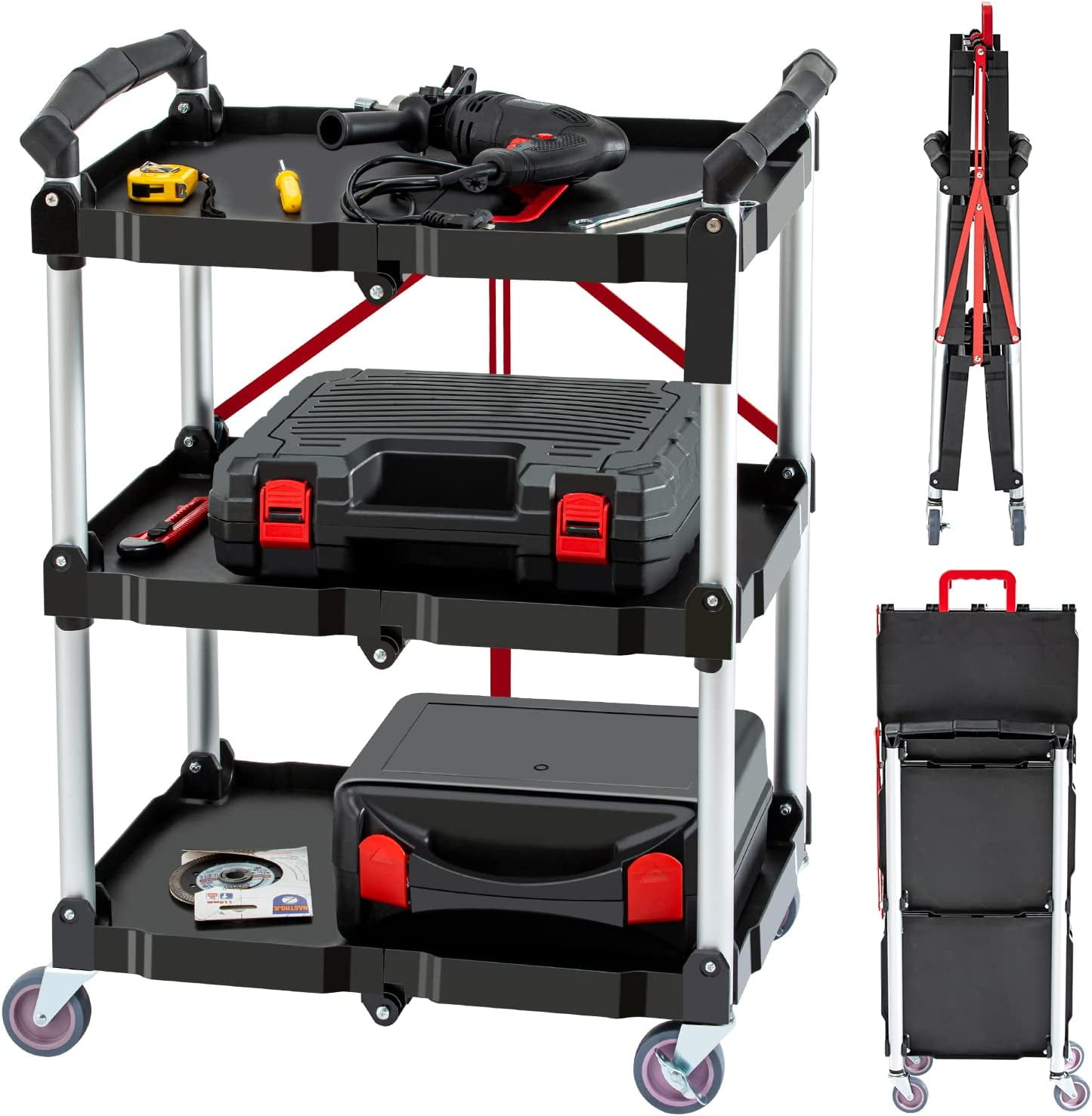 TECSPACE MultiFunction Large 3Tier Foldable Service Cart with Collapsible Handle, Portable