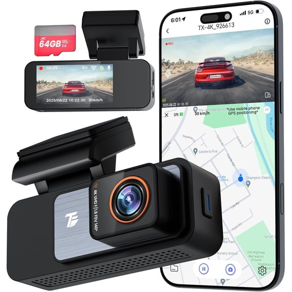 TECXLERON Dash Cam, 4K Dash Camera for , Built-in GPS and , 64GB SD Card Included, 160? Wide Angle Lens, Night Vision, G-Sensor, Loop Recording, 24H Parking