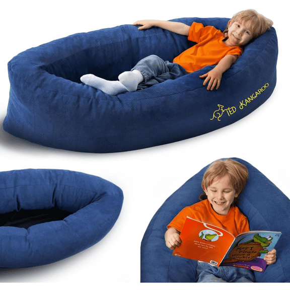 TED KANGAROO Sensory Chair for Kids Extra Plush Sensory Soft Canoe for Children Deluxe Compression Peapod Foam Dark Blue
