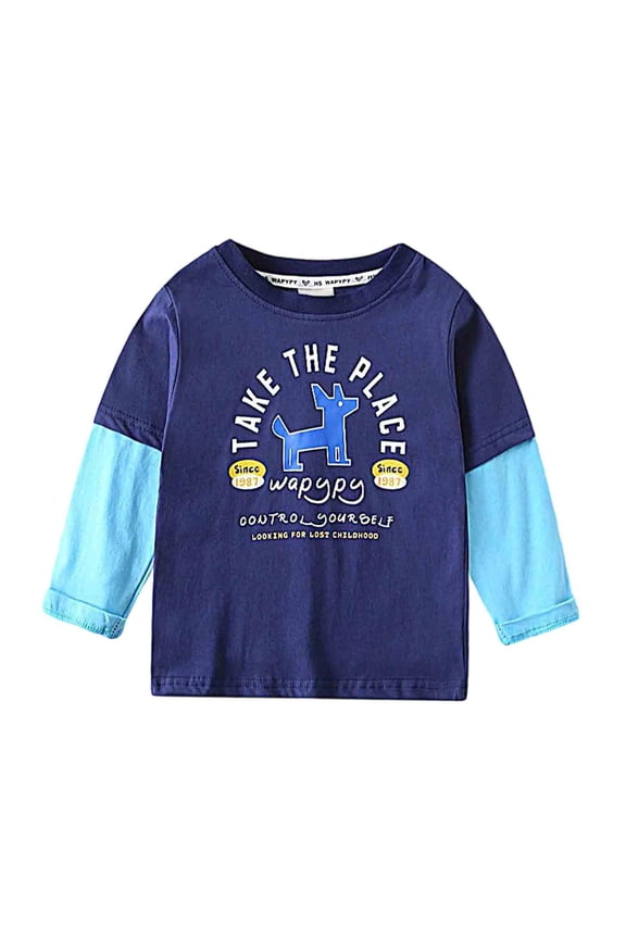 Boys Graphic Print Sleeve T Shirt Casual Two Tone Layered Tops For Toddler Kids Comfortable Everyday Wear Cute Wear, 18-24 Months
