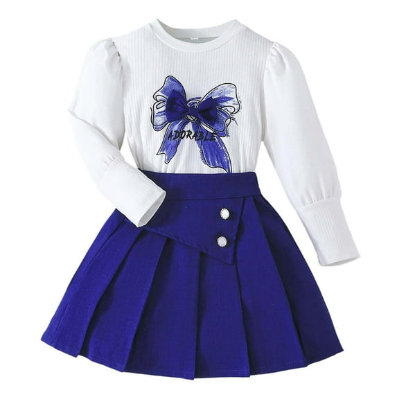 TEDOYE Girls Long Sleeve Bow Print Tops And Short Pleated Skirt Sets Casual Outfits For School Fall Winter Toddler Kids Clothes Boho Wear, 6-7 Years