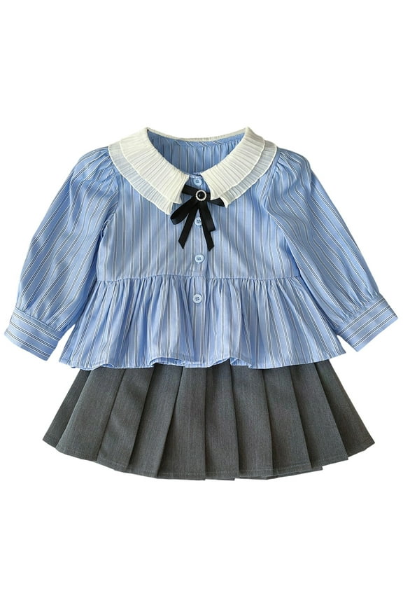 Girls Outfits Sets 2-10 Years Long Sleeve Striped Shirt And Skirt Combo Casual Fall Outfits For Toddler Kids Stylish School Two Piece Sets Birthday Wear, 7-8 Years