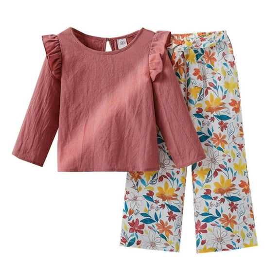 TEDOYE Girls Outfits Sets Toddler Clothes Fall Fashion Printed Long Pants Lacework Shoulder Long Sleeve Tops Casual Wear For Kids Holiday Wear, 6-7 Years