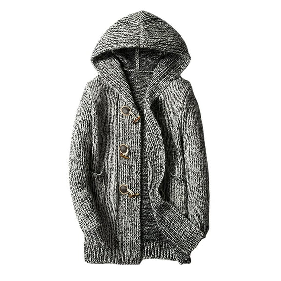 TEDOYE Mens Cardigan Sweaters Men Mid Length Hooded Cardigan Sweater Men Thick Sweater Horn Button Large Size Casual Coat Fall Clothes