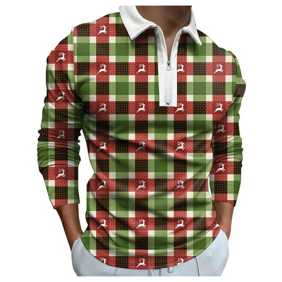 TEDOYE Polo Shirts For Men Christmas Fashion Leisure Comfortable 3D Printed Holiday Lapel Half Zipper Shirt Long Sleeve Shirt Fashion Tops