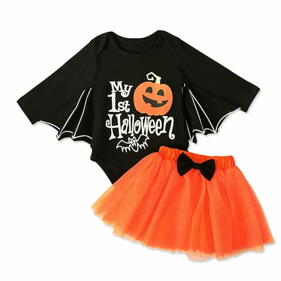 TEDOYE Toddler Baby Girl's My 1st Halloween Outfits Long Bat Sleeve Pumpkin Face Romper Jumpsuit Tutu Skirts Sets Holiday Wear, 18-24 Months