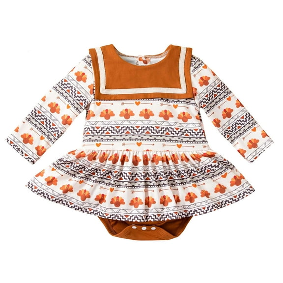TEDOYE Toddler Baby Girls Thanksgiving Turkey Print Long Sleeve Romper Bodysuit Outfits For Holiday Party And Breathable Wear, 6-9 Months