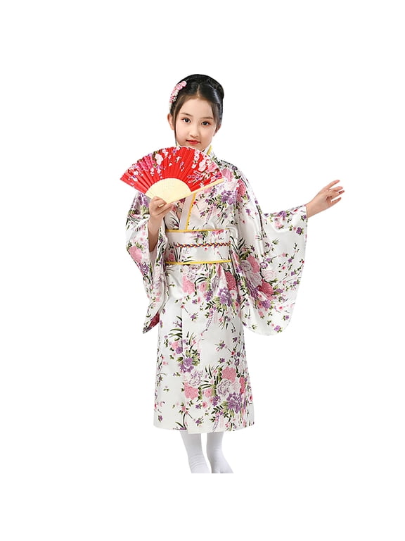 Toddler Girls Japanese Traditional Dress Kimono Robe For Kids Girls Yukata Kimono Anime Robe Holiday Wear, 5-6 Years