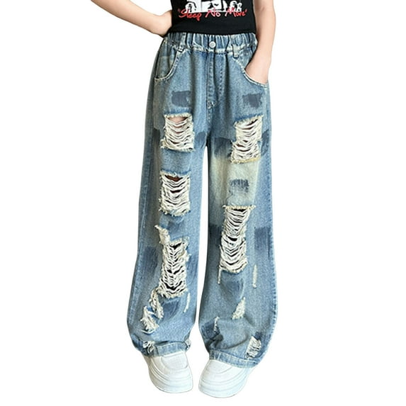 TEDOYE Toddler Girls Ripped Jeans Slacks Summer Fashion Loose Fit Long Pants Kids And Teens High Street Straight Leg Denim Trousers With Elastic Waist For Outdoor Activities Leisure Wear, 11-13 Years