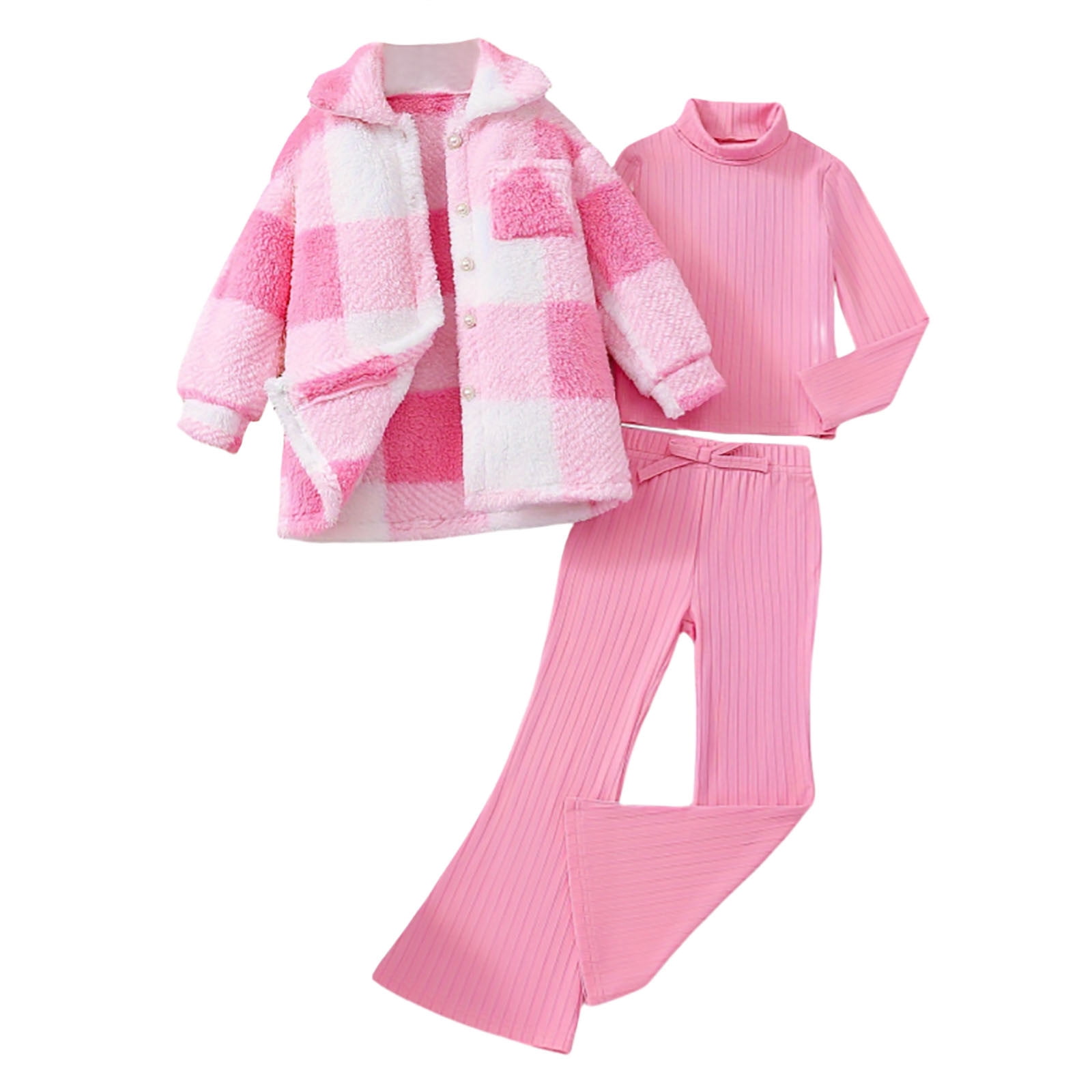 Toddler Girls Winter Outfits Sets 4 7 Years Old Fall Plaid Jacket With Ribbed Tops And Pants 3 Piece Casual School Party Beach Outfits Leisure Wear, 4-5 Years
