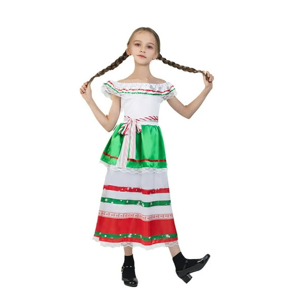 TEDOYE Toddler Mexican Girl Long Sleeve Multicolor Princess Dress O-Neck Dance Party Dresses Sundress Stylish Wear, 10-12 Years