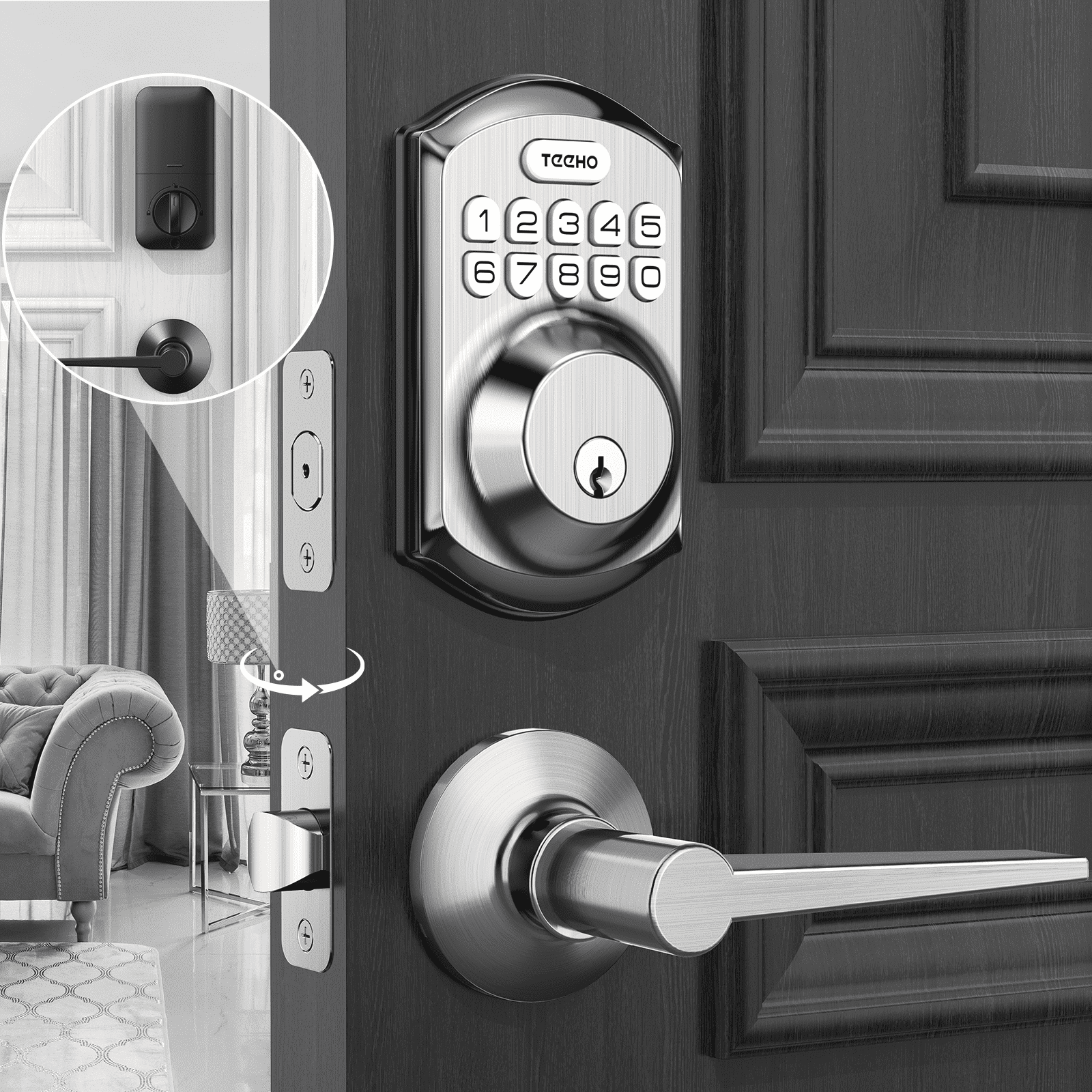 TEEHO Keyless Entry Door Lock with 2 Handles ‎Set, Keypad Deadbolt Smart Door Locks, Electronic Digital Lock for Home Front Door Easy Installation-Satin Nickel