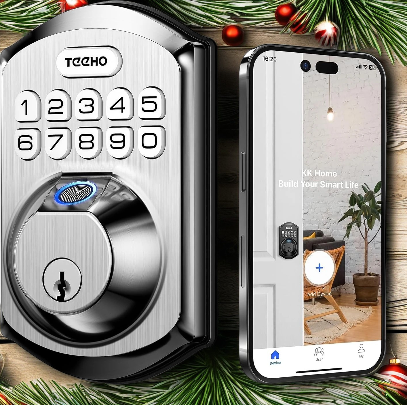 TEEHO Fingerpint Keyless Entry Keypad, Smart Digital Deadbolt Door Lock for Front Door, Remotely Share Temporary PIN Code, Easy Installation-Satin Nickel