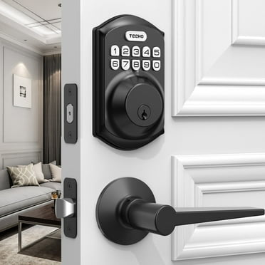 TEEHO Keyless Entry Door Lock with 2 Handles ‎Set, Keypad Deadbolt Smart Door Locks, Electronic Digital Lock for Home Front Door Easy Installation- Matte Black