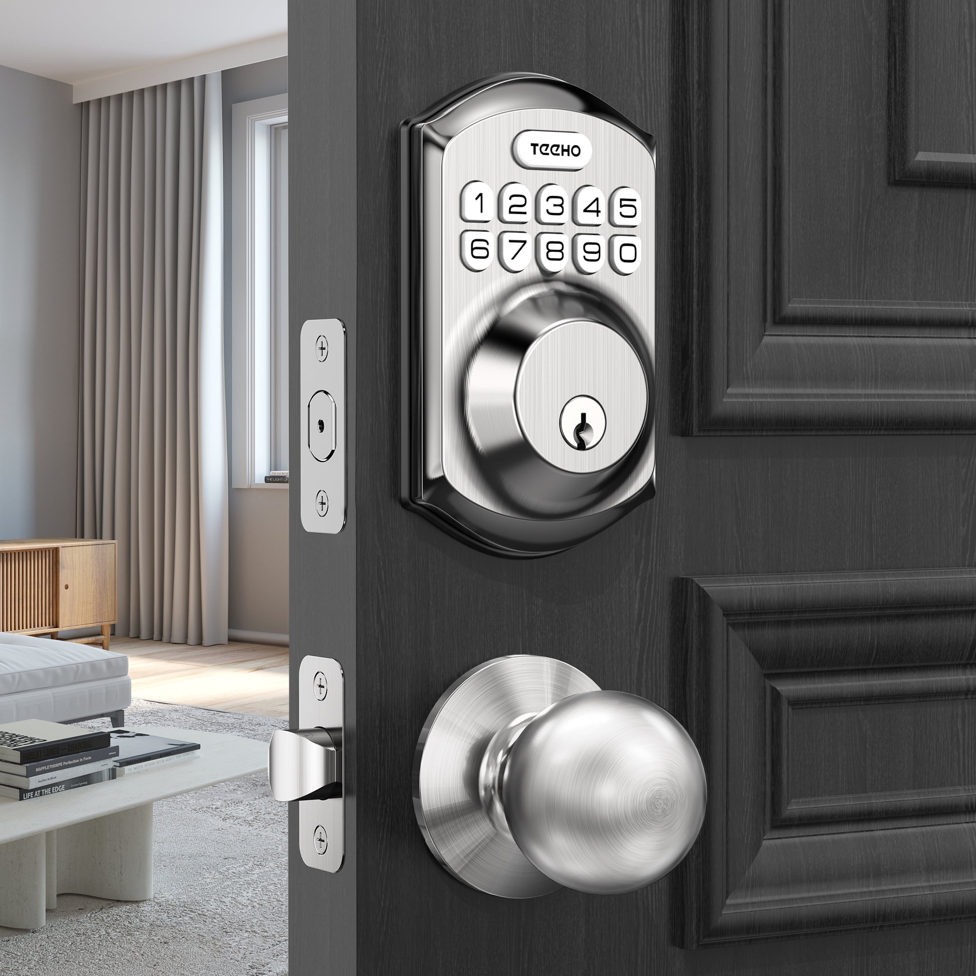 TEEHO Keyless Entry Keypad Smart Electronic Deadbolt Door Lock with Door Knobs Handles for Front Door in Satin Nickel Finish