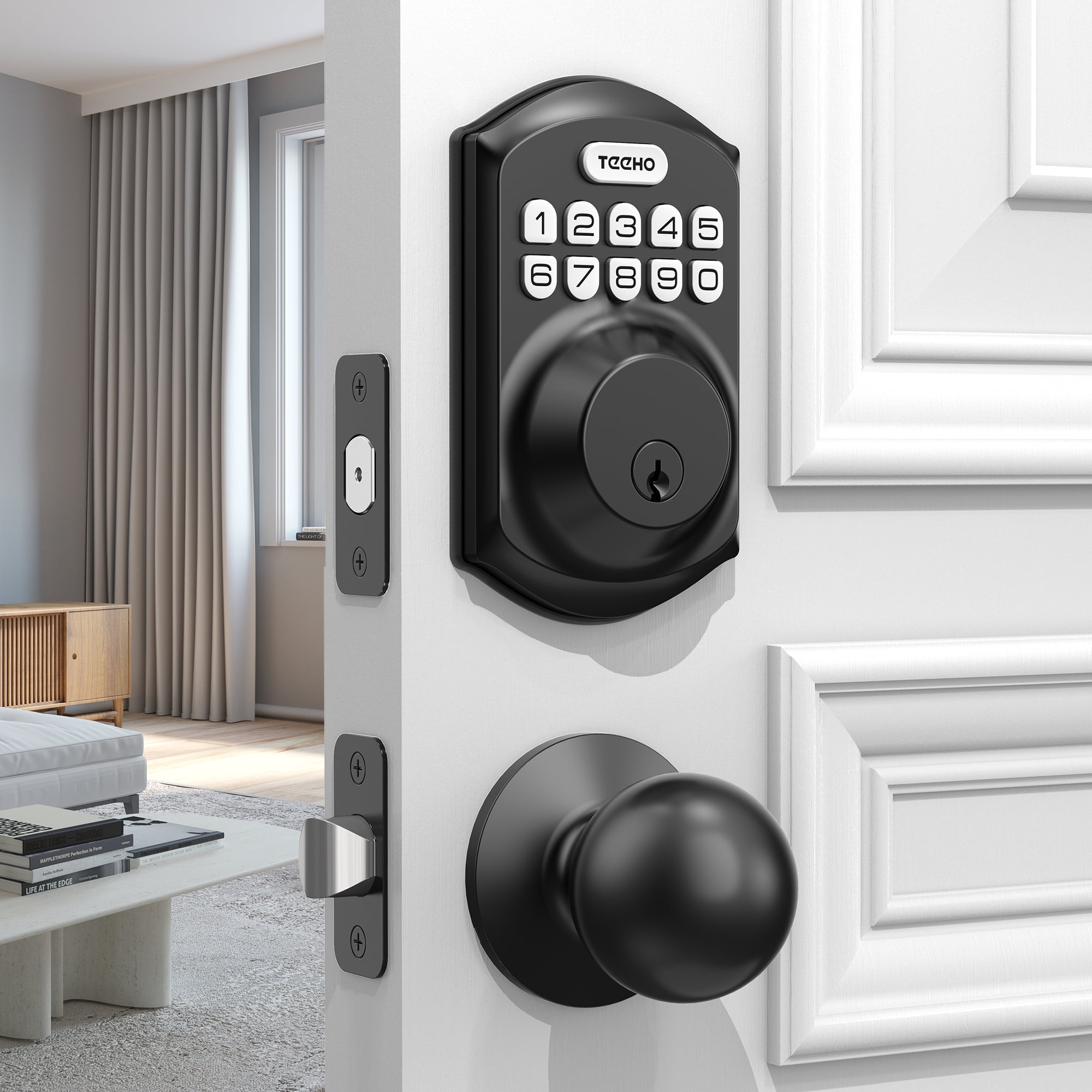 TEEHO Keyless Entry Door Lock with 2 Knobs ‎Set, Keypad Deadbolt Smart Door Locks, Electronic Digital Lock for Home Front Door Easy Installation-Matte Black