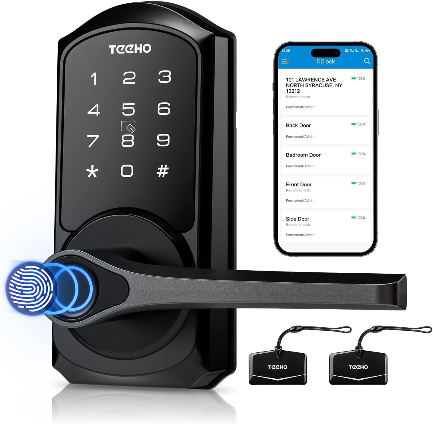 TEEHO Smart Door Lock with Handle, Fingerprint Keypad Deadbolt Lock for Front Door, Keyless Entry Lock with Bluetooth APP, Electronic Auto Lock, IC card, Easy Installation
