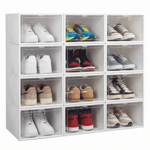 TEEMARS 12 Pack Shoe Storage Box, Stackable Shoe Organizer for Closet, Plastic Shoe Storage Containers with Lids, Space Saving Shoe Sneaker Containers Fit up to US Size 12, White