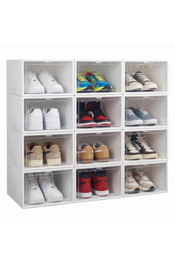 12 Pack Shoe Storage Box, Stackable Shoe Organizer for Closet, Plastic Shoe Storage Containers with Lids, Space Saving Shoe Sneaker Containers Fit up to US Size 12, White