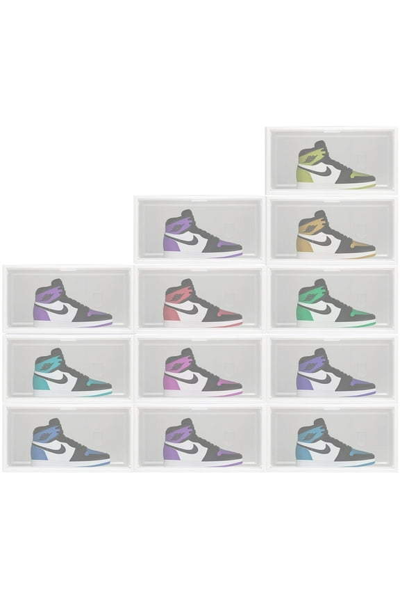 12 Pack Shoe Storage Box, Stackable Shoe Organizer for Closet, Plastic Shoe Storage Containers with Lids, Space Saving Shoe Sneaker Containers Fit up to US Size 12, White