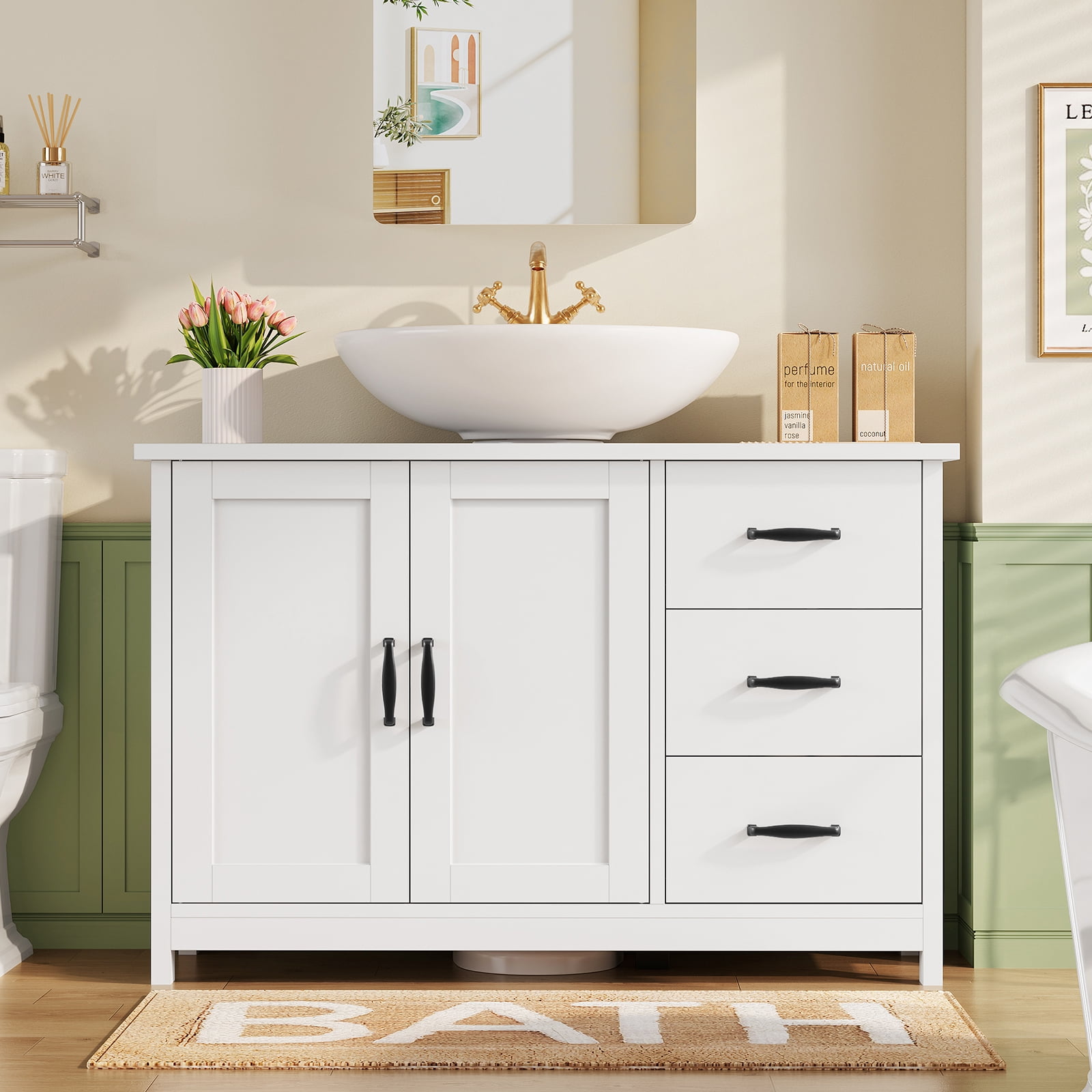 TEENFON 35.4" Pedestal Sink Storage Cabinet with 3 drawers and 2 doors, Bathroom Sink Cabinet with U-shape CutOut, Under Sink Storage for Bathroom, Laundry Room, White