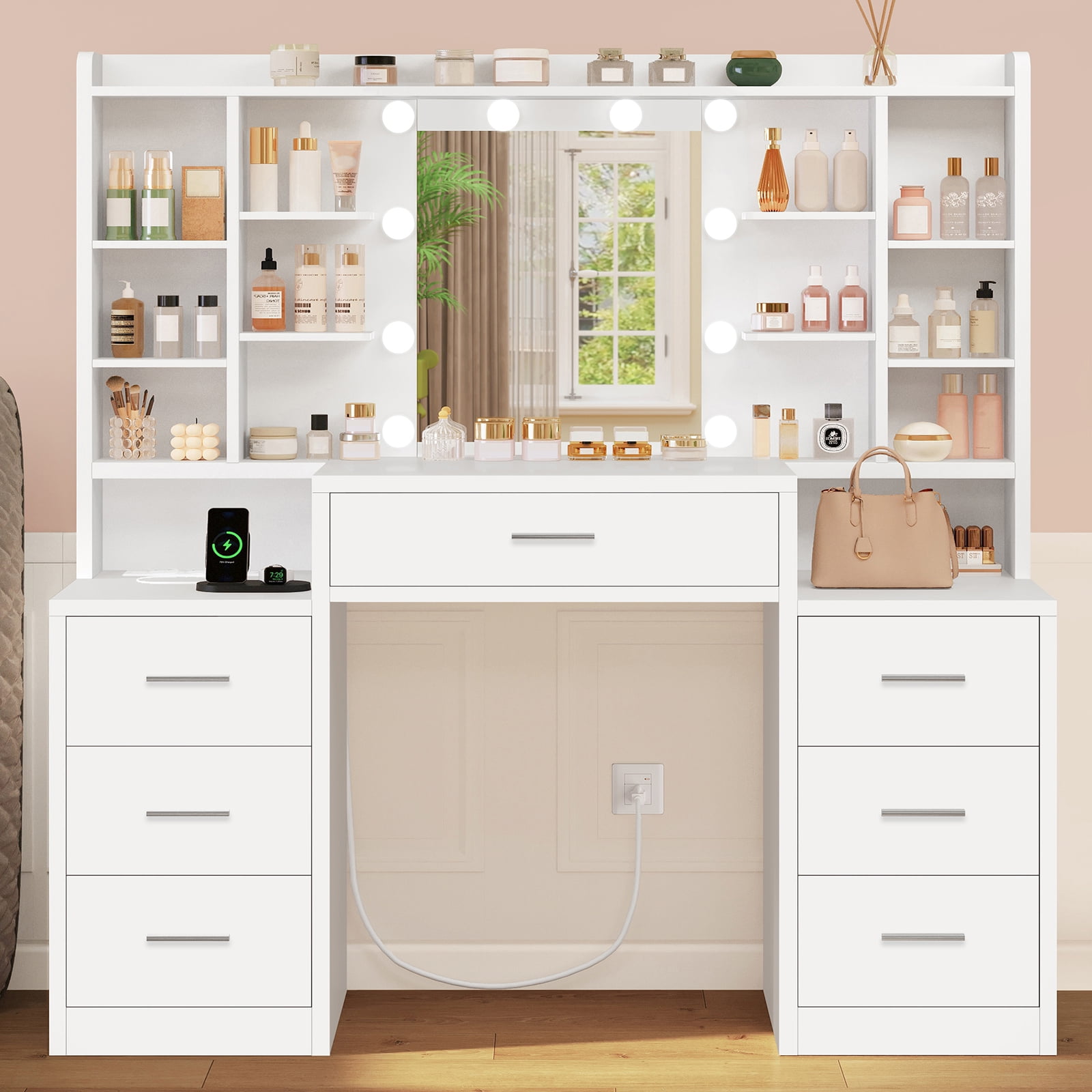 TEENFON 47.2”Vanity Set with Mirror & Lights, Makeup Vanity Desk with 7 Drawers and 8 storage shelves, Vanity Table with Power Outlet, For Bedroom, White