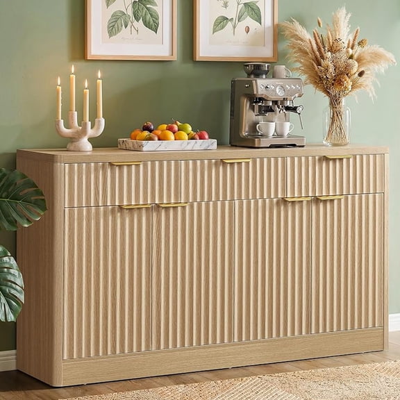 TEENFON 55 Fluted Buffet Cabinet with 2 Adjustable Shelves, Morden Buffet Sideboard, Coffee Bar Wine Bar with 3 Drawers & 4 Doors for Dining Room, Kitchen, Natural