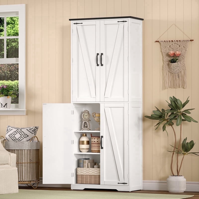 TEENFON 67" Kitchen Pantry Cabinet with 4 Doors, Farmhouse Pantry Cabinet with Adjustable Shelves, Storage Cabinet for Kitchen, Bathroom, White