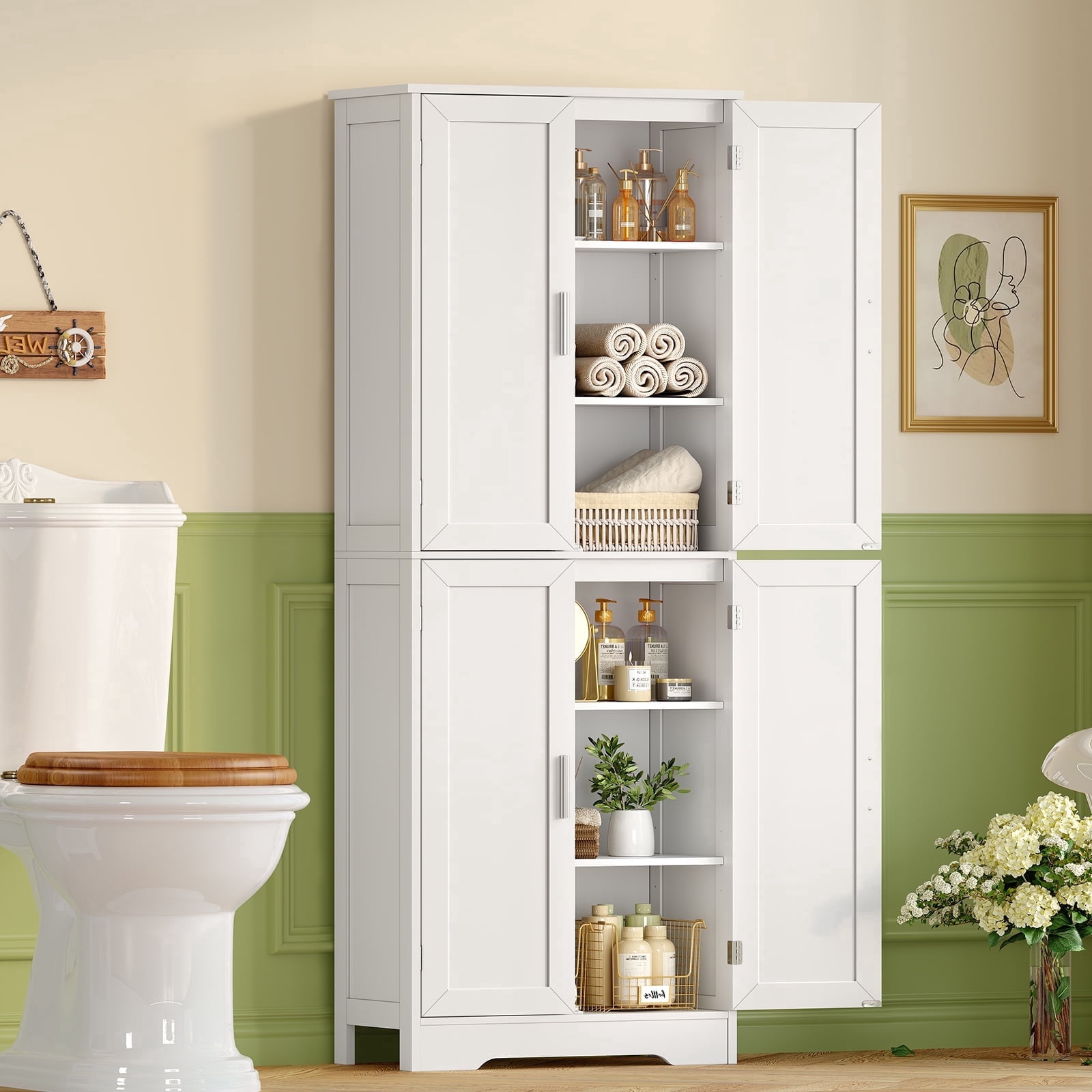 TEENFON 67” Storage Cabinet, Kitchen Pantry Cabinet with 4 Doors and Adjustable Shelves, Cupboard, Tall Bathroom Cabinets for Dinning Room, Living Room, White