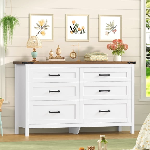 TEENFON Farmhouse 6 Drawer Dresser for Bedroom, 47.2'' Wide Wood Chest of Drawers with Large Metal Handles, Dresser for Closet, Bedroom Dresser for Living Room, Entryway, White