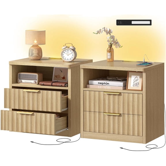 TEENFON Fluted Nightstands Set of 2, Night Stand with Charging Station and LED Light, Storage Drawer and Open Shelf, Modern Bedside Table for Small Space, for Bedroom, Natural