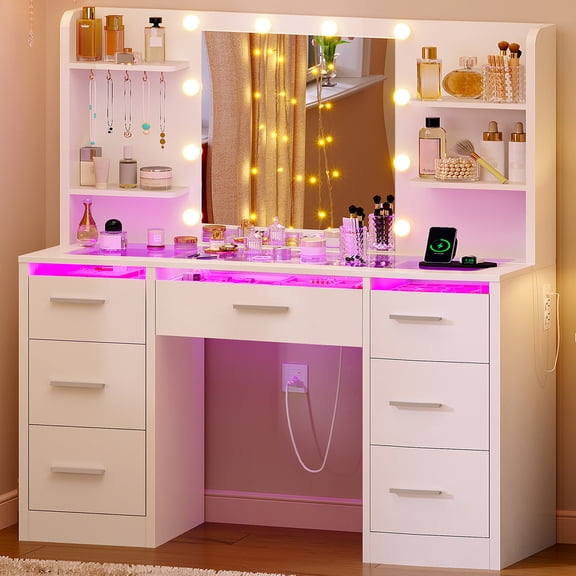 TEENFON Large Makeup Vanity Set with Mirror & Power Outlet, Makeup Vanity Desk with 7 Drawers, Vanity Table, RGB Illuminated Vanity, White
