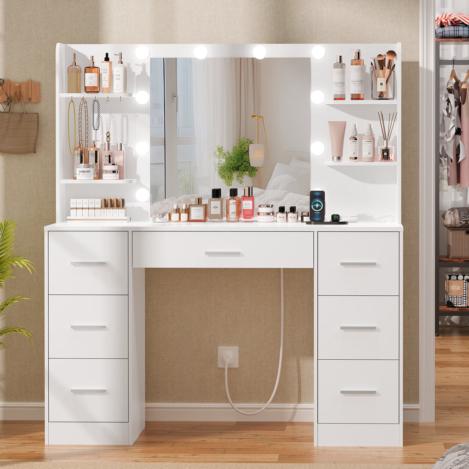 TEENFON Large Makeup Vanity Set with Mirror and Power Outlet, Vanity Desk with 7 Drawers, 4 Shelves and 5 Hooks,Vanity Table for Bedroom, White