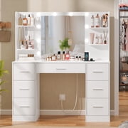 TEENFON Large Makeup Vanity Set with Mirror and Power Outlet, Vanity Desk with 7 Drawers, 4 Shelves and 5 Hooks,Vanity Table for Bedroom, White
