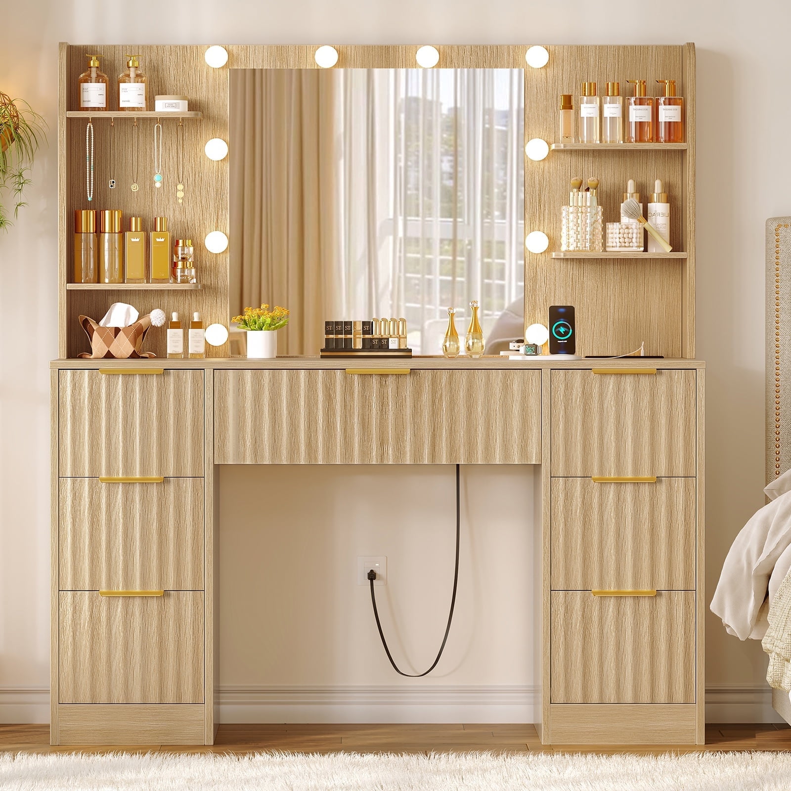 TEENFON Large Makeup Vanity Set with Mirror & Power Outlet, Vanity Desk with 7 Drawers, 4 Shelves and 5 Hooks, Vanity Table, Vanity Desk for Bedroom, Natural