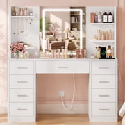 TEENFON Large Vanity Set with LED Mirror & Power Outlet, Vanity Desk with 9 Drawers,4 Shelves and 5 Hooks, Makeup Vanity for Bedroom, White