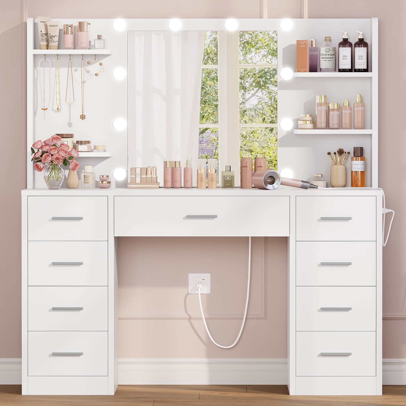 TEENFON Large Vanity Set with Mirror & Power Outlet, Makeup Vanity Desk with 9 Drawers,4 Shelves and 5 Hooks,Vanity Table for Bedroom, White
