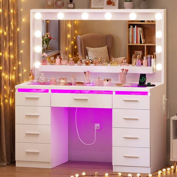 TEENFON Makeup Vanity Set with LED Mirror, Glass Top, RGB Lighting, 9 Drawers, and 2 Power Outlets, Vanity Table for Bedroom, Vanity Desk For Dressing Room, White