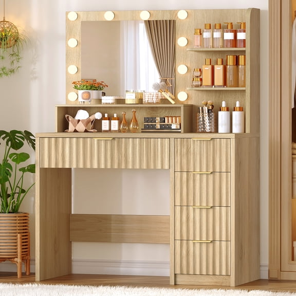 TEENFON Makeup Vanity Set with Mirror & Lights, Vanity Desk with 5 Drawers & Storage Shelves, 3 Color Modes & Adjustable Brightness Dressing Table, Bedroom, Natural
