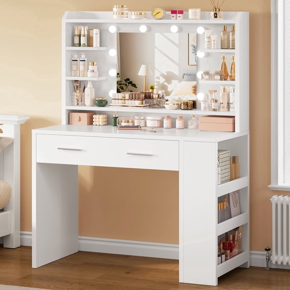 TEENFON Makeup Vanity Set with Mirror & Lights, Vanity Desk with 2 Drawers and 6 Open Shelves, Dressing Table with Side Storage, White