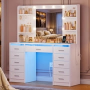 TEENFON Makeup Vanity Set with Mirror and Lights, Vanity Desk with 11 Drawers and 5 Storage Shelves, Vanity Table, Bedroom Vanity for Girls, White