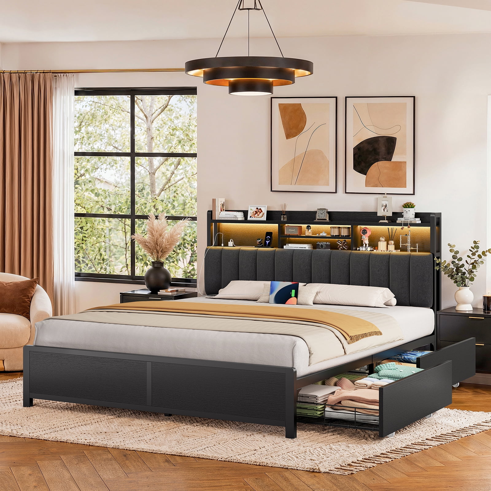 TEENFON Queen Bed Frame with Charging Station & LED Lights, Bed Frame Queen Size with 4 Storage Drawers, Upholstered Headboard with Shelves, Black, Noise Free