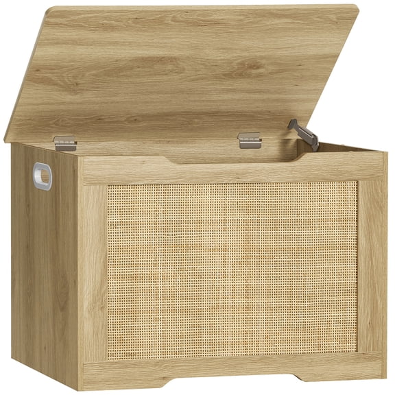TEENFON Storage Bench, 29 Wooden Storage Chest with U-Shaped Cut-Out Pull, Safety Hinge, for Toy Box Organizer, Natural