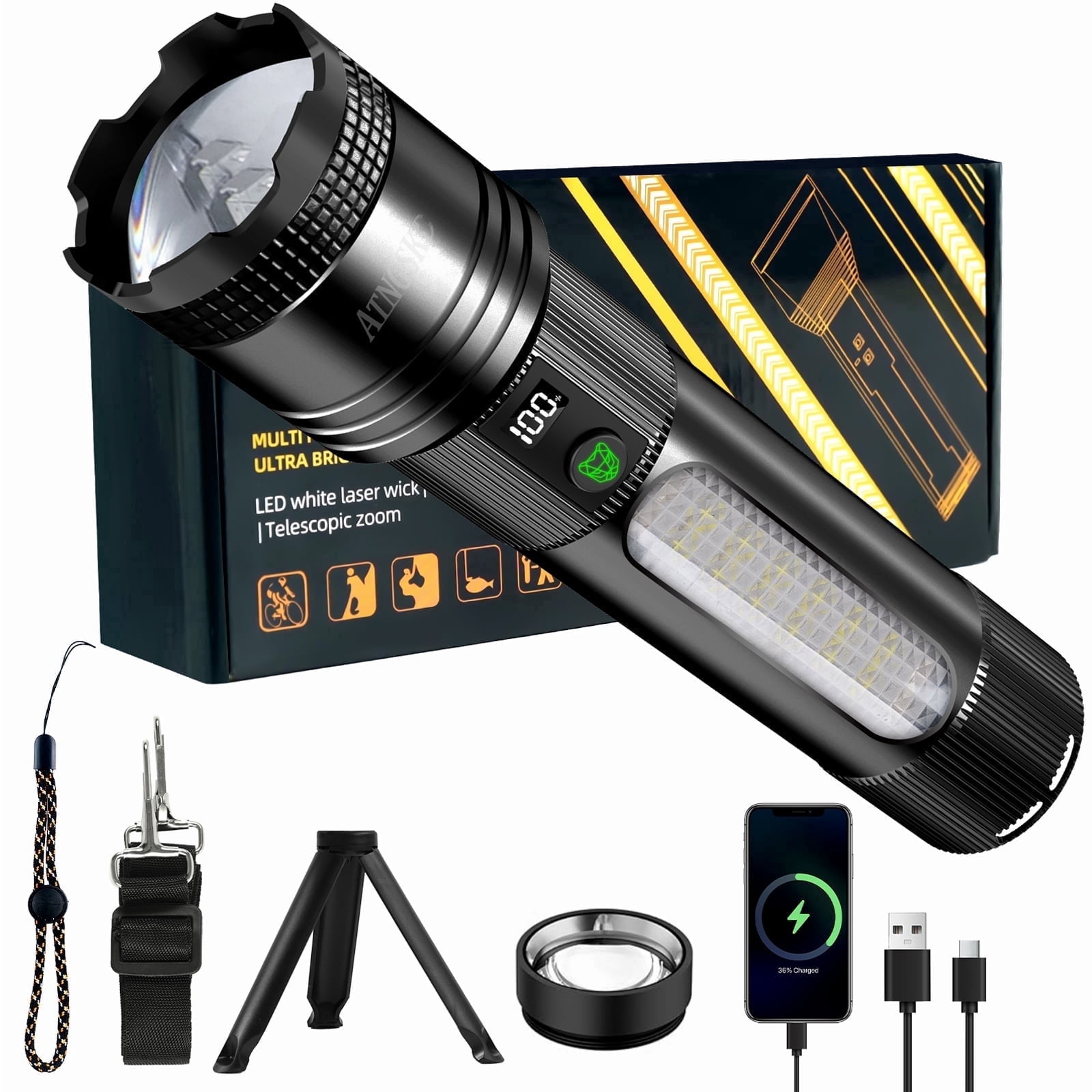 Rechargeable LED Flashlight, 250,000 High Lumens, USB-C Fast Charging, 9 Light Modes, Zoomable Waterproof Flashlight for Camping, Hiking, Emergency Use(Black)